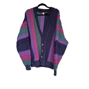 Vintage 1970s Jed Wear oversized color block button up v-neck cardigan sweater